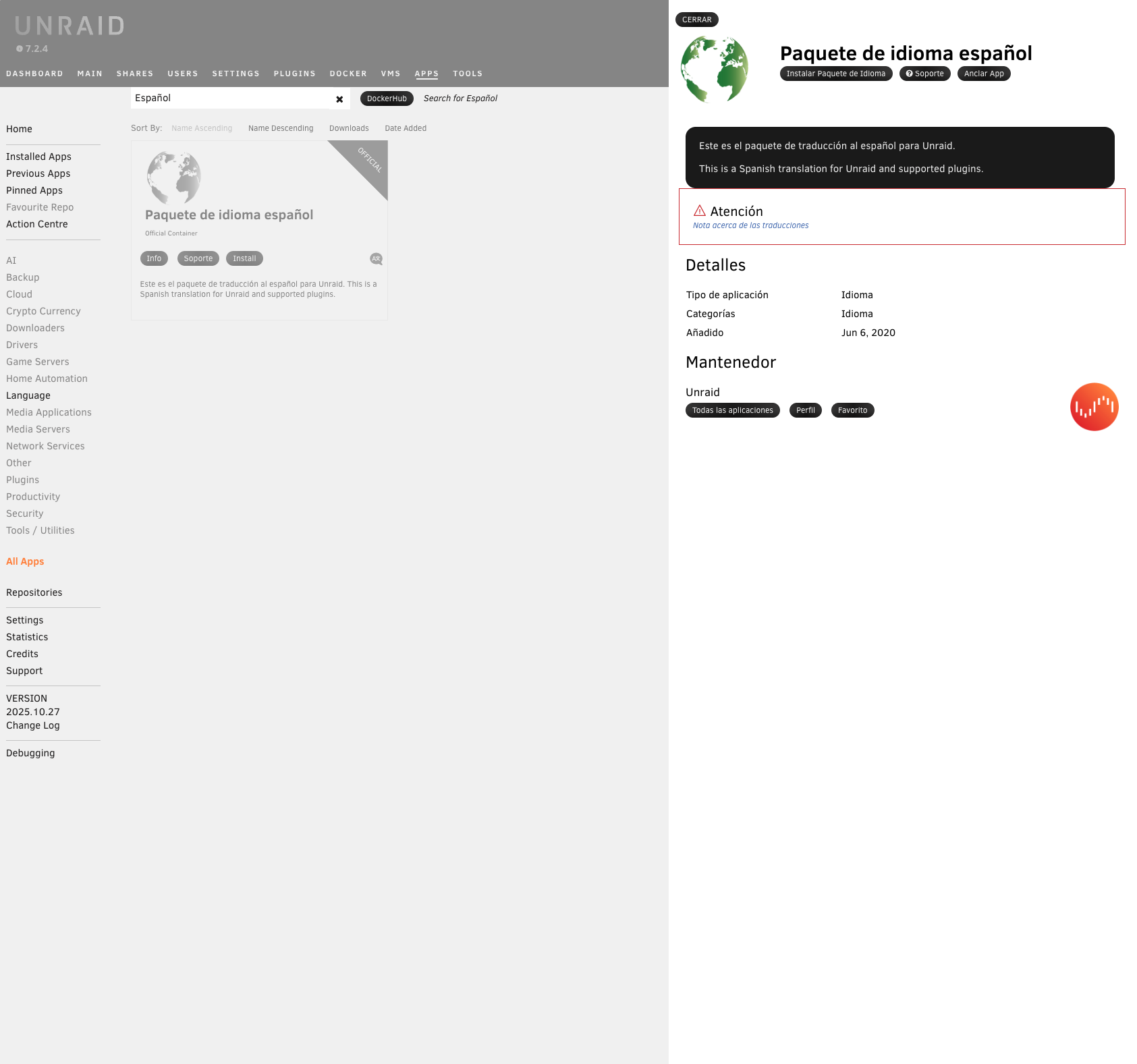 Haciendo clic en el botón de instalar en el paquete de idioma Español