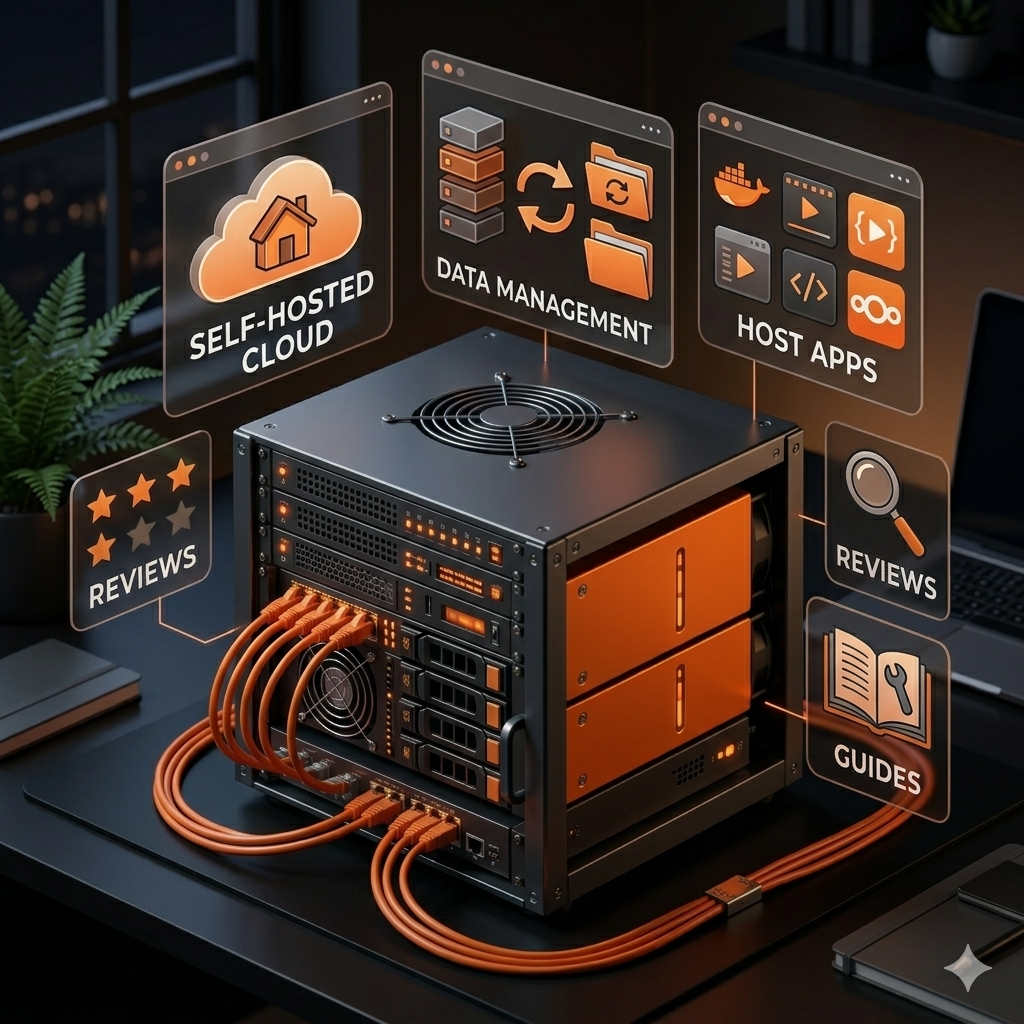 A clean server rack setup with self-hosted cloud, data management, and host apps overlays