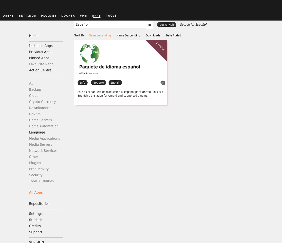 Buscando Espanol en la página de Apps de Unraid