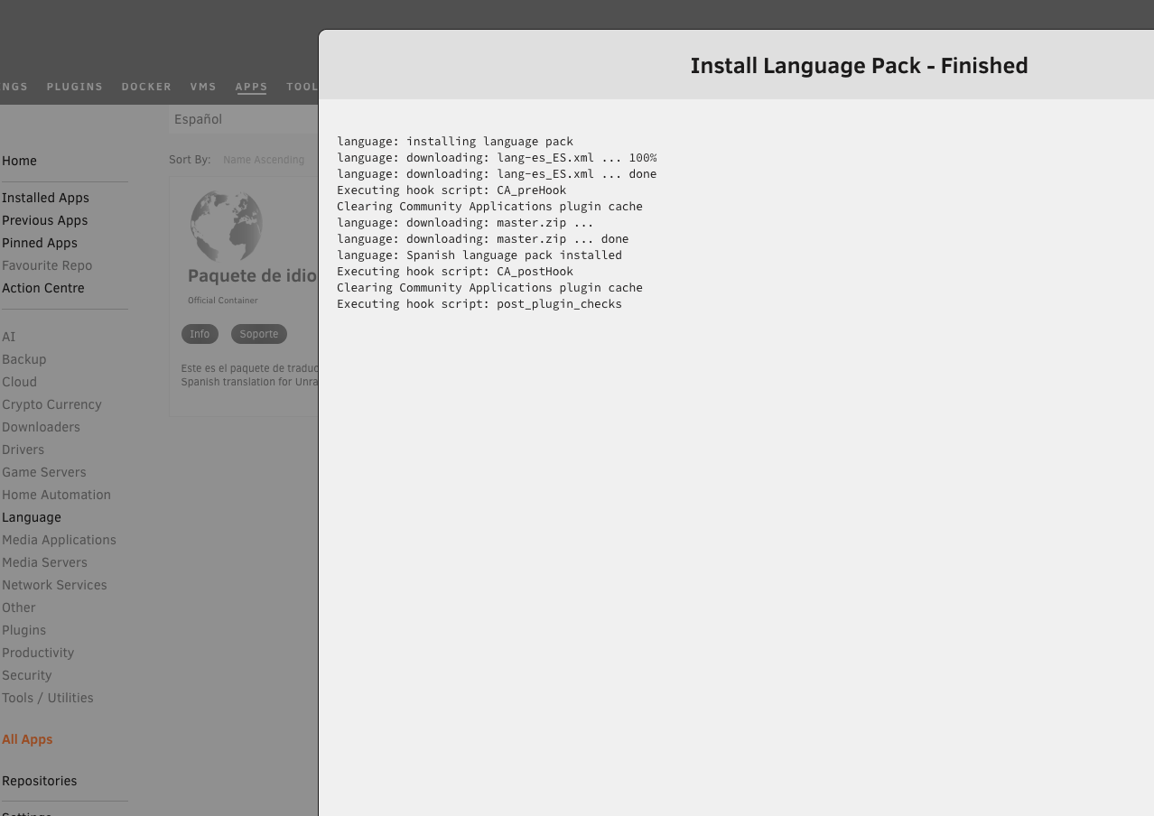 Esperando la descarga del paquete de idioma y haciendo clic en Hecho